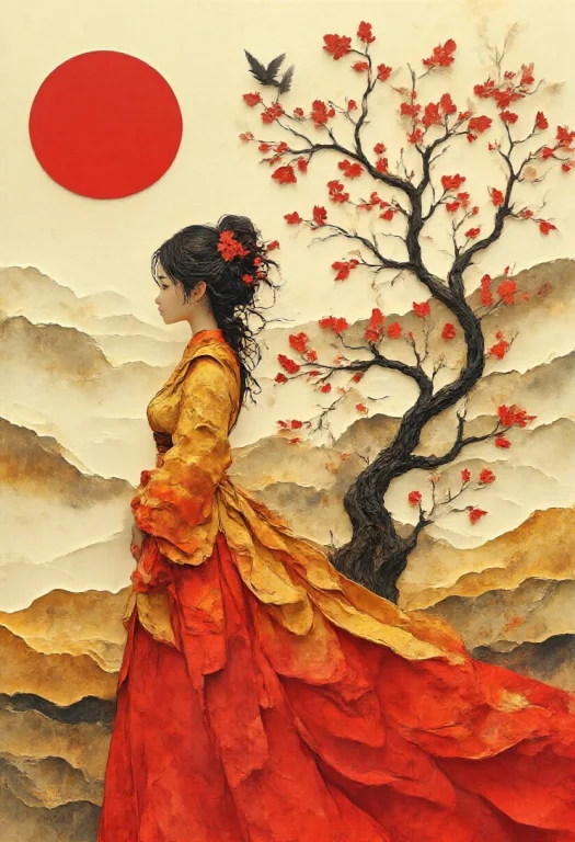 Create A Refined Paper Cut Collage Of A Young Asian Woman St...