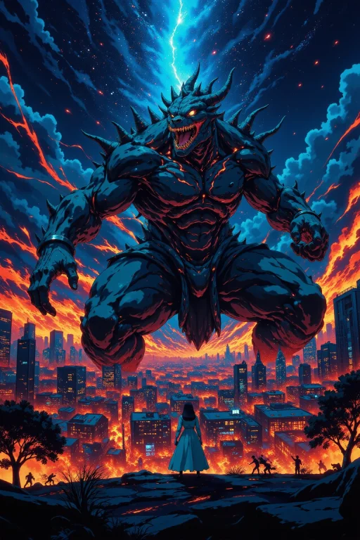 Godzillla Destruying A City Beautiful Anime Landscape, Brigh...