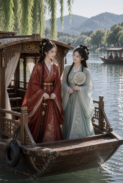 盛唐姐妹游船古装剧照，初夏午后，宽阔河面，中远景。一艘木制画...