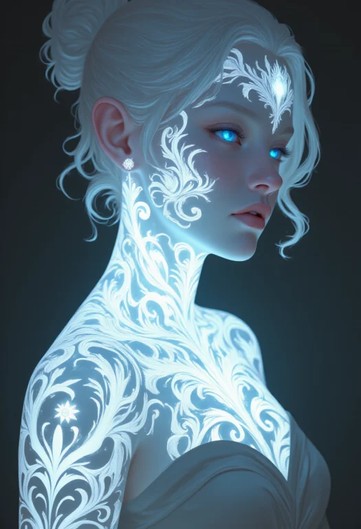 An Alabaster Valkyrie With Bioluminescent Tattoos Of Bio Ink...