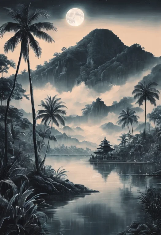 Paradise Of Bali Jungle Side By Night, Full Illuminating Moo...