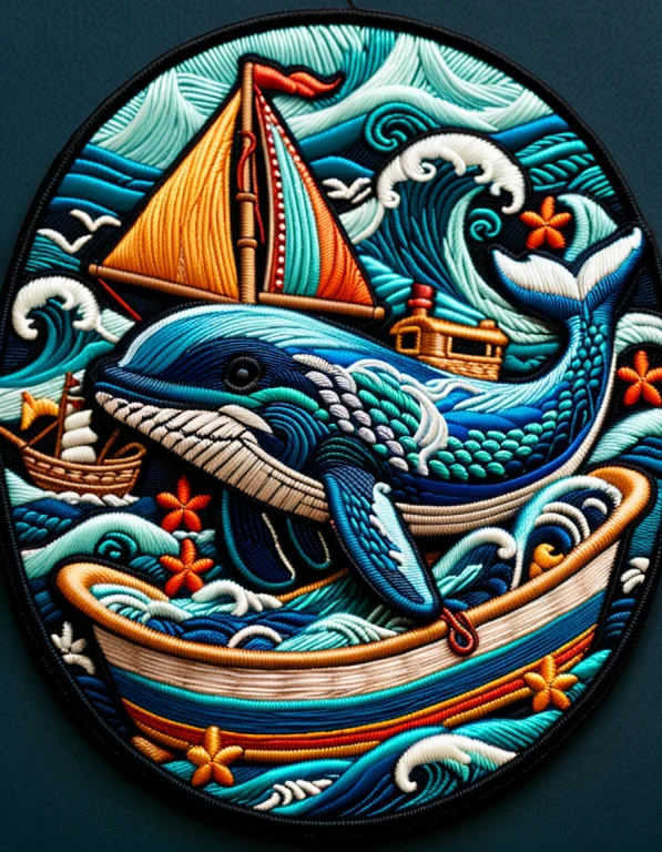 Surreal Embroidered Patch Of A Massive Blue Whale Squeezed I...