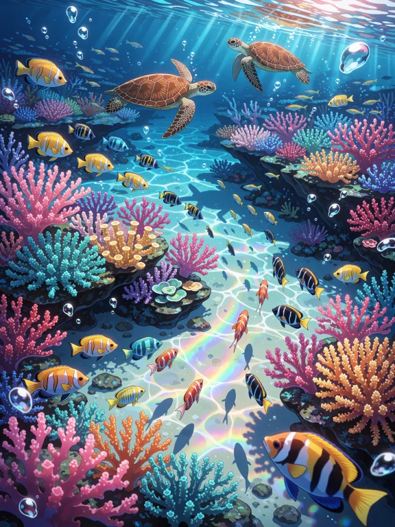 Anime Style, Vibrant And Dynamic Underwater Nature Scene Wit...