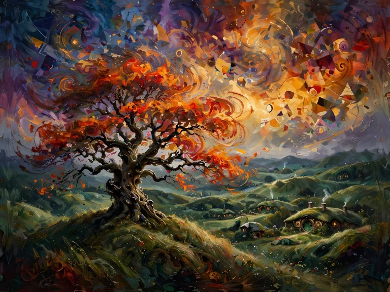 A Solitary, Ancient Tree With Fiery Leaves Stands On A Winds...