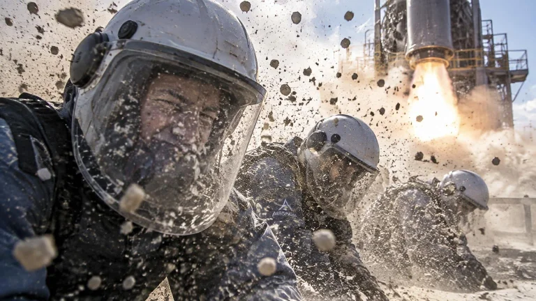 Aerospace Team With Blasting Debris Striking Their Face Shie...