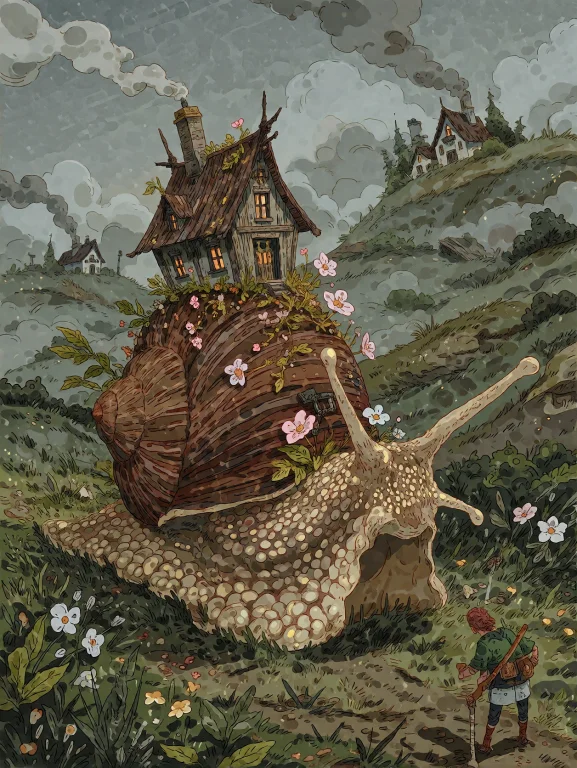 A Peculiar Giant Snail Carrying A Tiny Wooden House On Its B...