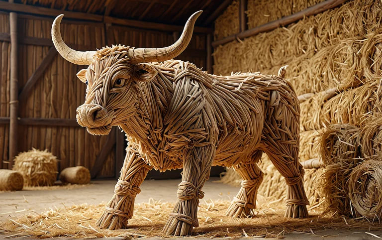 Spanish Straw Bull Sculpture, Take A Salto, Forward-facing,...