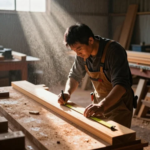 A Carpenter Measuring Timber In A Dusty Workshop, Raw Photo,... — Stable Diffusion AI Prompt: a carpenter measuring timber in a dusty workshop, raw photo, volumetric god rays...