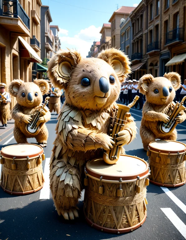 Koalas In A Marching Band, With Drums, On A City Street Enti...