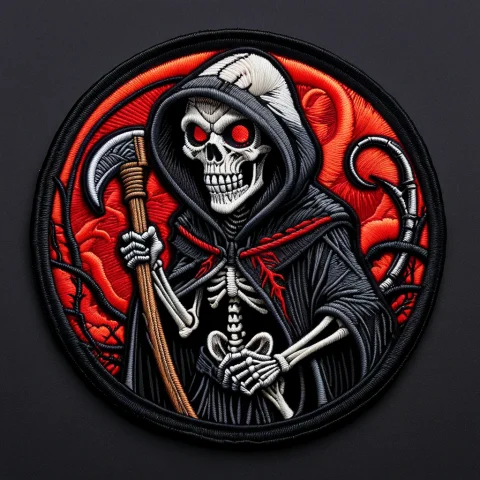 Ral-embroideredpatch Embroidered Patch Of The Grim Reaper, H... — SDXL AI Prompt: ral-embroideredpatch Embroidered patch of the Grim Reaper, hooded skeletal figur...