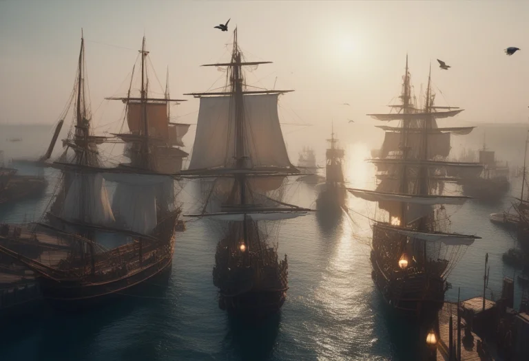 A Fleet Of Galleons Anchored In A Busy Port, Matte Painting,...