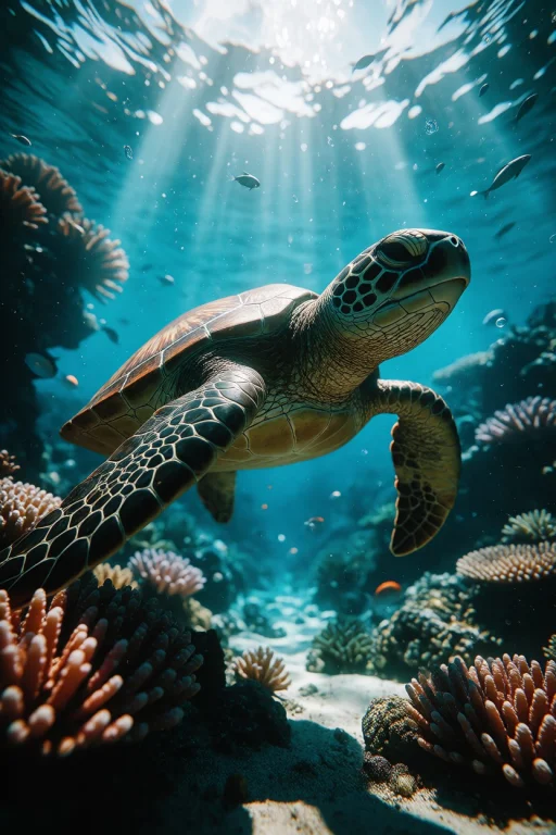 Ta86inkriot, Thin Black Outlines, A Green Sea Turtle Gliding...