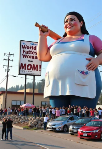 Photo Depicting A Surreal Scene At A Worlds Largest Fat Woma... — FLUX AI Prompt: Photo depicting a surreal scene at a "world's largest Fat woman wearing an apron...