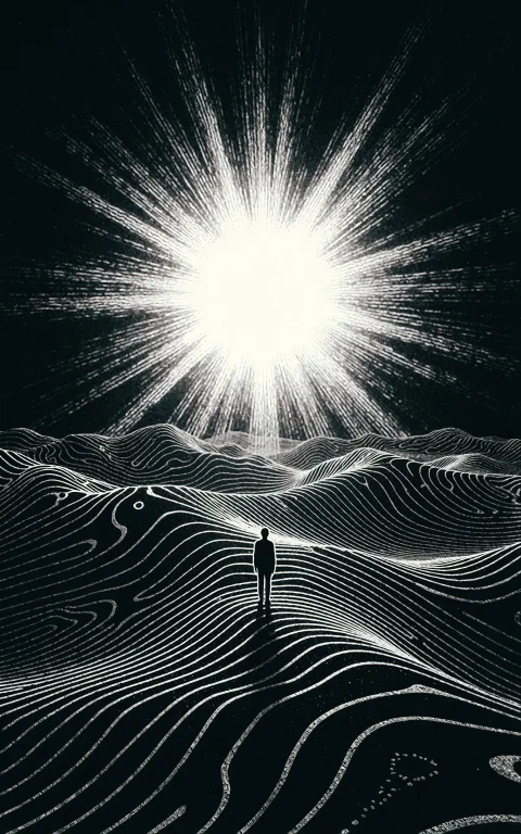 A Tiny Solitary Figure Stands On An Undulating Landscape Mad...