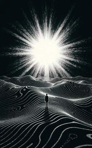 A Tiny Solitary Figure Stands On An Undulating Landscape Mad... — Stable Diffusion AI Prompt: A tiny solitary figure stands on an undulating landscape made of textured white...