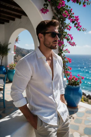 Summery Male Fashion Photo Prompt — Stable Diffusion AI Prompt: A high-end summer fashion photograph of a handsome Mediterranean man with short...