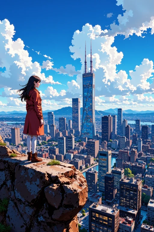High-tech City Beautiful Landscape, Cloudy Sky, Woman, Very...