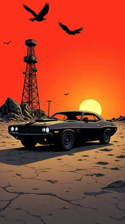 Illustration Of A Matte Black Muscle Car Parked Alone In A D...