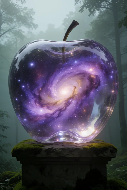 A Colossal Apple Made Of Flawless, Transparent Glass Resting...