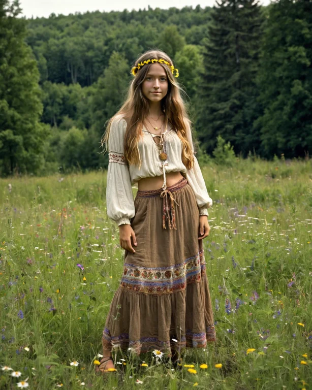A Free-love Hippie Girl, Full-body Portrait, Wearing A Peasa...