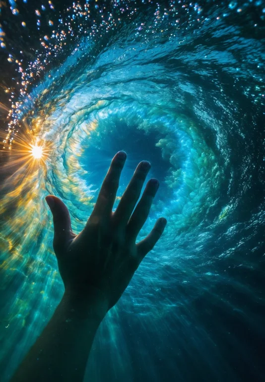 A Breathtaking Underwater Photo Of A Hand Underwater Touchin...