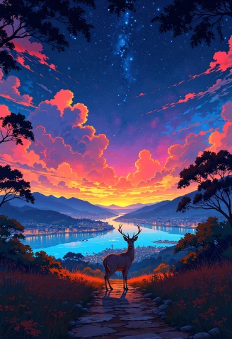 Side View, A Deer Standing On A Country Road, Backlighting,... — FLUX AI Prompt: Side view, A deer standing on a country road, backlighting, looking at the city,...