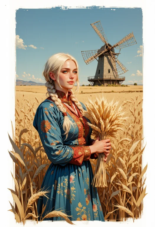 A Blonde Woman Is Walking Though A Weight Feild, She Is Look...