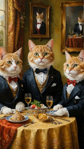 A Classic Oil Painting Depicting A Group Of Cats Dressed In... — SDXL AI Prompt: A classic oil painting depicting a group of cats dressed in formal attire, atten...