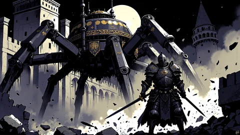 An Epic, Dark Fantasy Heavy Ink Artwork Capturing The Fall O... — FLUX AI Prompt: An epic, dark fantasy heavy ink artwork capturing the fall of Constantinople in...