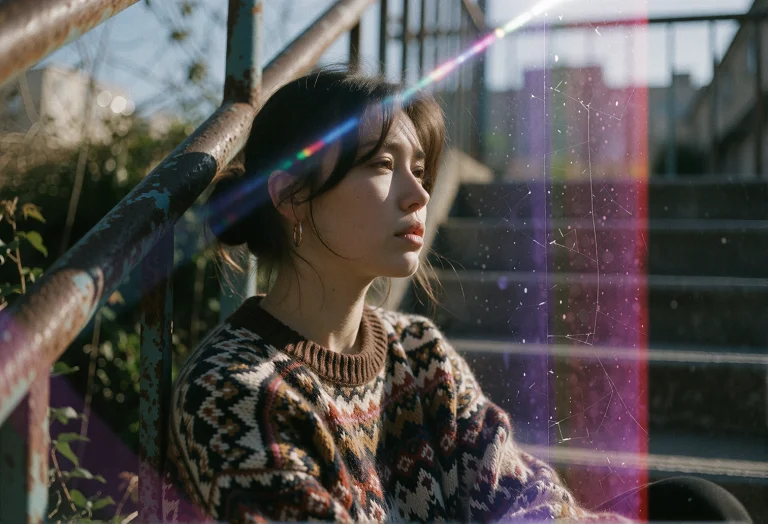 A Young East Asian Woman Sits Leaning Against A Weathered Ru...