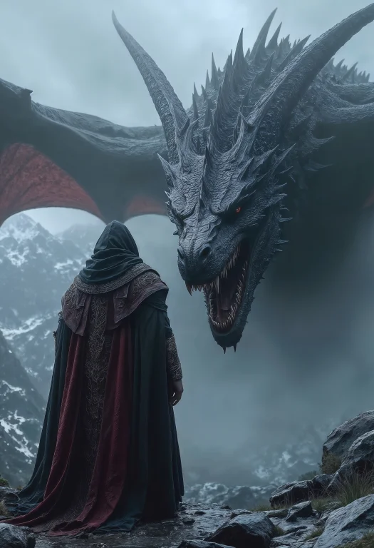 A Dramatic Scene With A Large, Menacing Dragon And A Cloaked...