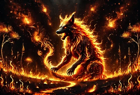 Hyper Realistic Fire Wolf Prompt — SDXL AI Prompt: Subject and Action A massive, joyful black wolf made of living flame, Warhammer...