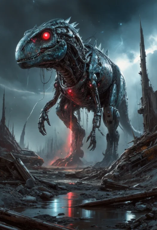 A Towering Mechanical Brutal Dinosaur Strides Through The Cr...