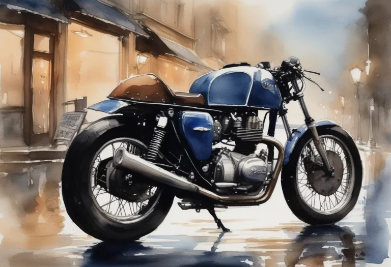 A Cafe Racer Motorcycle On A Wet City Street, Watercolor Pai...