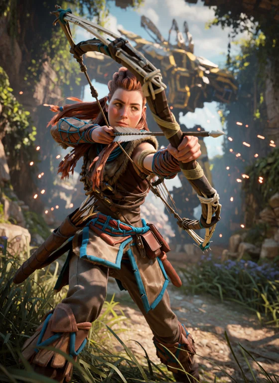 Aloy From Horizon Zero Dawn In The Middle Of A Fierce Hunt,...