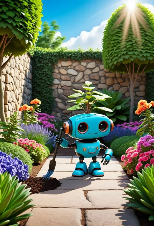 A Cute Robot Planting A Tree In A Lush Green Garden, Surroun...