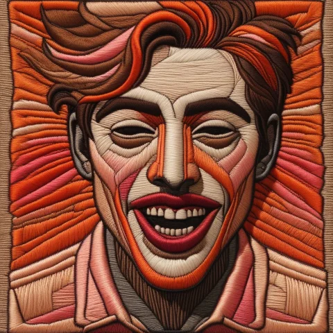 A Highly Detailed, Close-up, Embroidered Portrait Of A Perso... — SDXL AI Prompt: A highly detailed, close-up, embroidered portrait of a person's face laughing. T...