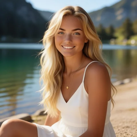 This Photograph Features A Young Woman With Long, Wavy Blond... — Stable Diffusion AI Prompt: This photograph features a young woman with long, wavy blonde hair and light blu...