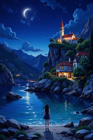Croatian Anime Landscape, Bright Luminous Night, Woman, Very... — Stable Diffusion AI Prompt: Croatian anime landscape, bright luminous night, woman, very intricate, very det...