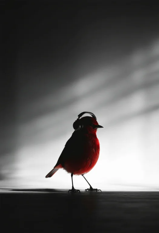 A Solitary, Crimson Silhouette Of An Anthropomorphic Bird, E...