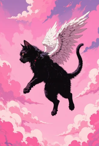 Cinematic Film Still Award Winning Photo .a Little Black Cat... — FLUX AI Prompt: cinematic film still award winning photo .A little black cat with angel wings fl...