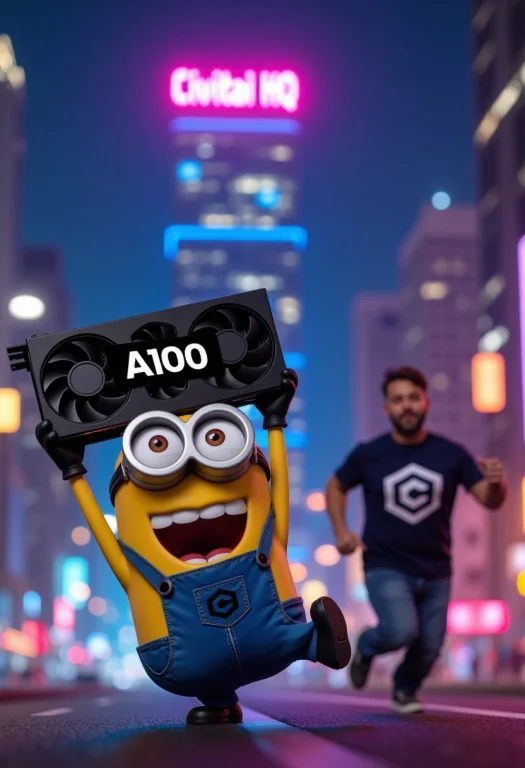 A Laughing Minion Holds A Video Card Labeled A100 Over His H...