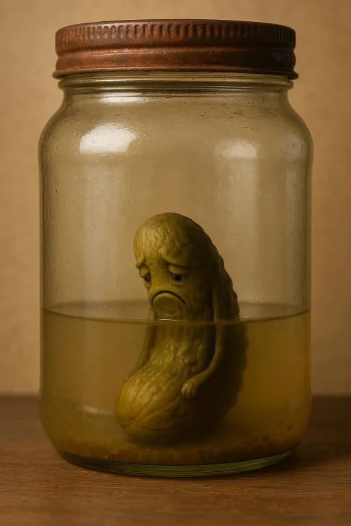 Scene Concept Solitary Pickle In Near-empty Jar Subject Main...