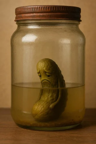 Scene Concept Solitary Pickle In Near-empty Jar Subject Main... — Stable Diffusion AI Prompt: scene: concept: "Solitary pickle in near-empty jar" subject: main: "Single dill...