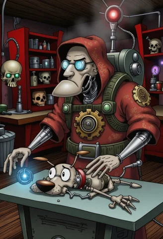 Eustace Bagge, Reimagined As A Photorealistic Adeptus Mechan... — FLUX AI Prompt: Eustace Bagge, reimagined as a photorealistic Adeptus Mechanicus tech-priest, ti...
