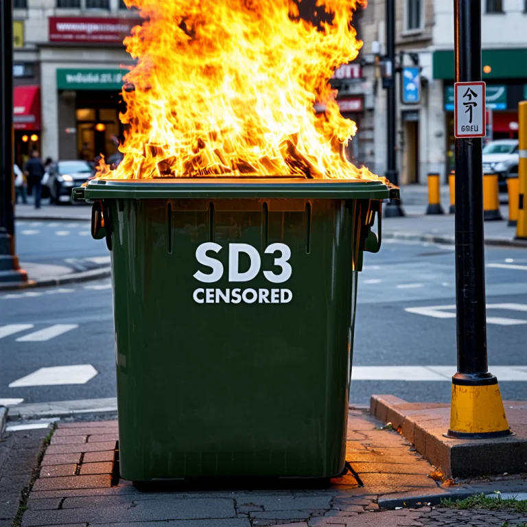 Garbage Bin On Fire, On The Side Of The Bin Is Written Sd3 C...