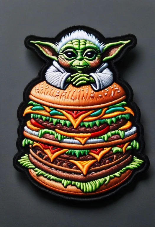 Ral-embroideredpatch,yoda Sit On A Huge Hamburger
