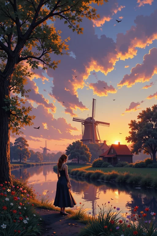 Dutch Beautiful Landscape, Evening, Woman, Very Intricate, V...