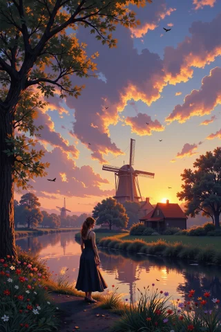 Dutch Beautiful Landscape, Evening, Woman, Very Intricate, V... — Stable Diffusion AI Prompt: Dutch beautiful landscape, evening, woman, very intricate, very detailed, sharp,...