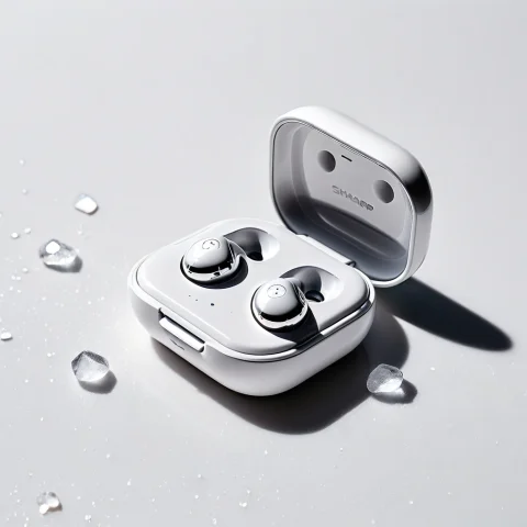 Tech Salt Flats Earbuds Case — SDXL AI Prompt: , techsaltflats, a wireless earbuds case on a white salt crystal flat surface, b...